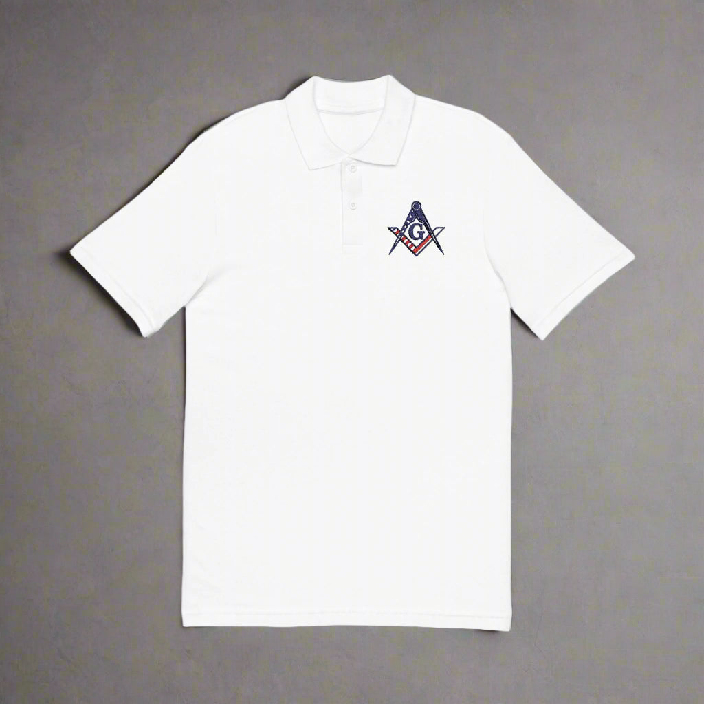 Master Mason Blue Lodge Polo Shirt - Embroidered Square & Compass G US Flag - Bricks Masons