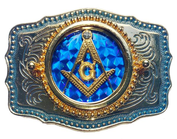 Master Mason Blue Lodge Belt Buckle - Blue Raised Square & Compass - Bricks Masons