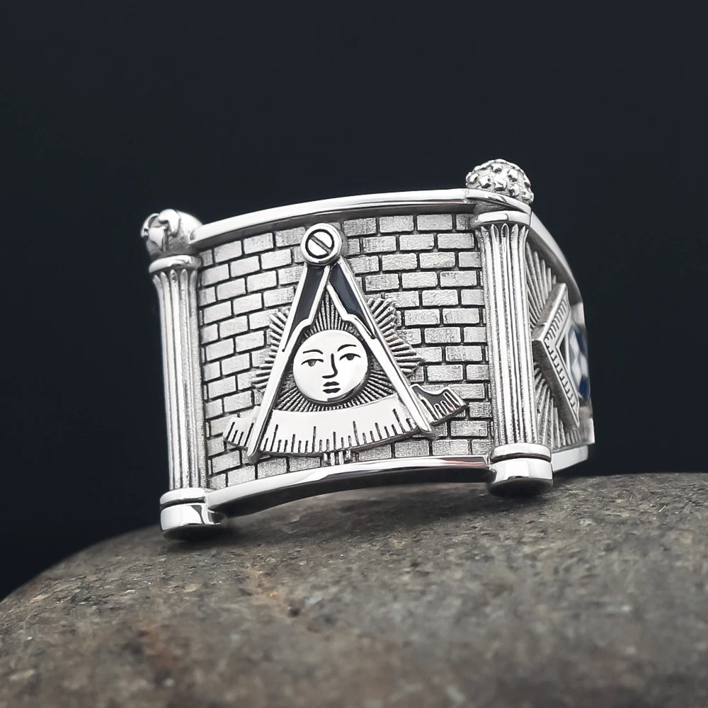 Anillo de la Logia Azul de Past Master - Cuadrante y Brújula Sol con Pilares Gemelos en Plata de Ley