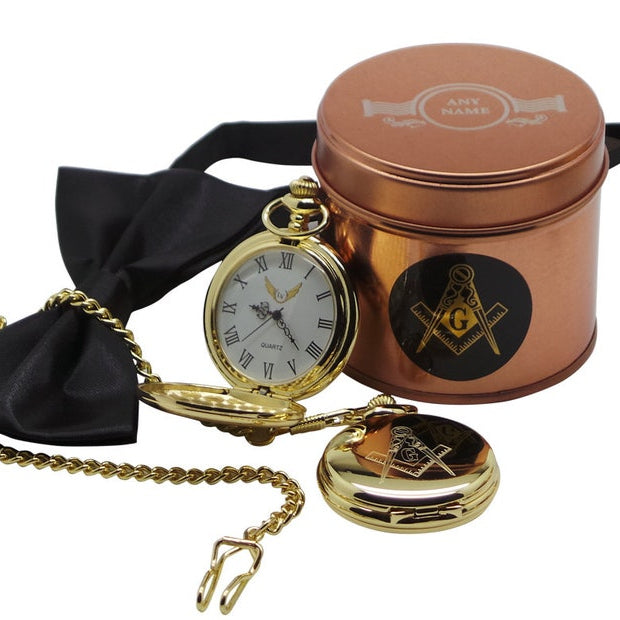 Master Mason Blue Lodge Pocket Watch - Engraved 24k Gold Clad Full Hunter Emblem - Bricks Masons