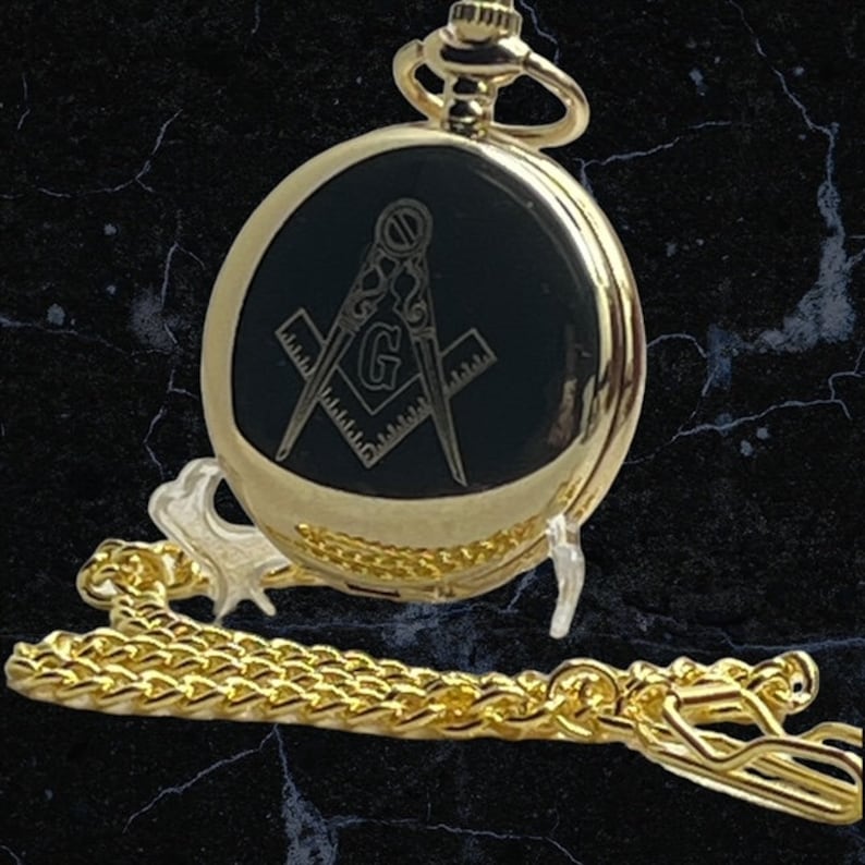 Master Mason Blue Lodge Pocket Watch - 24k Gold Clad 3 Piece Set Engraved - Bricks Masons