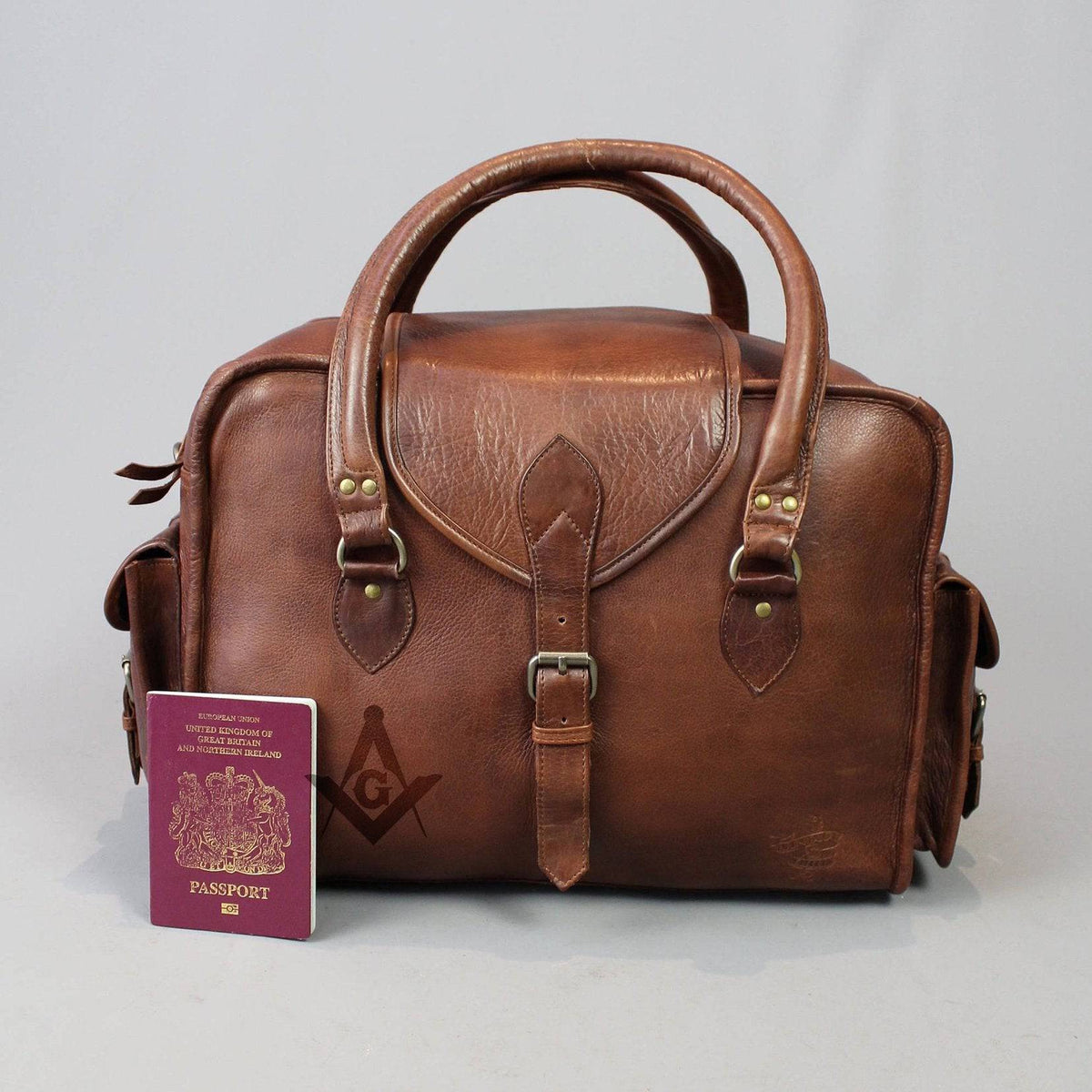 Master Mason Blue Lodge Travel Bag - Vintage Brown Leather - Bricks Masons