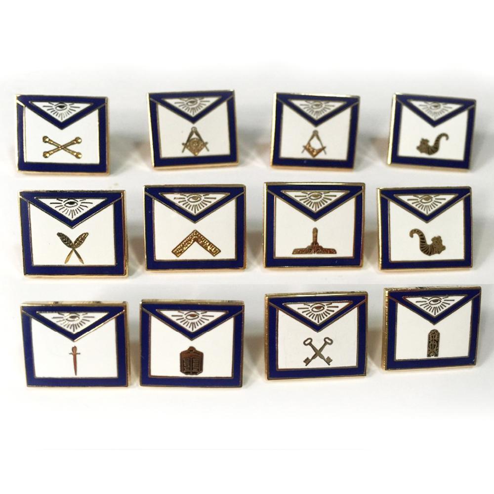 Officers Blue Lodge Lapel Pin - 1 Set of 12 Pieces 3/4" Set of Masonic Apron - Bricks Masons