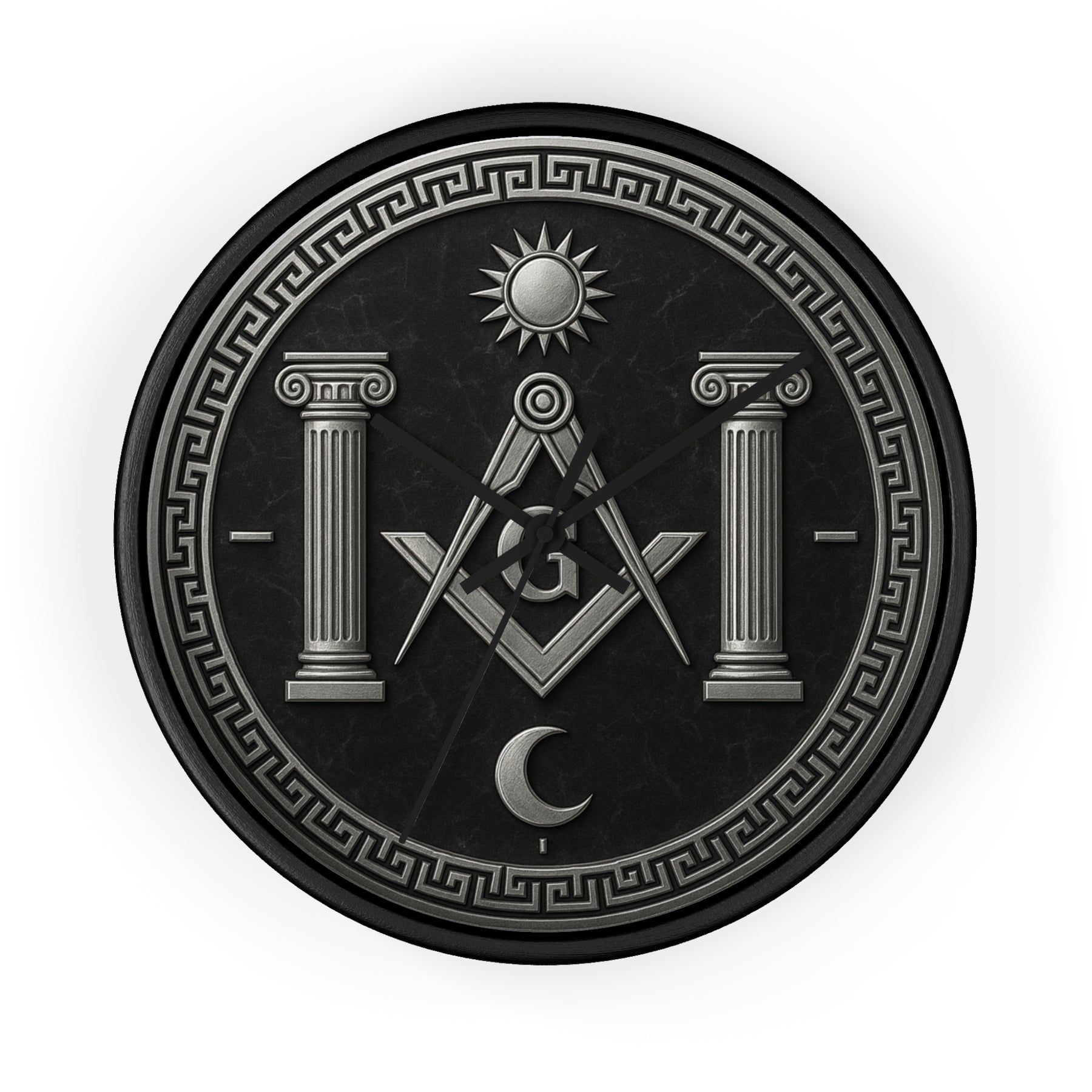 Master Mason Blue Lodge Clock - S&C with Pillars Sun & Moon on Wooden Frame - Bricks Masons