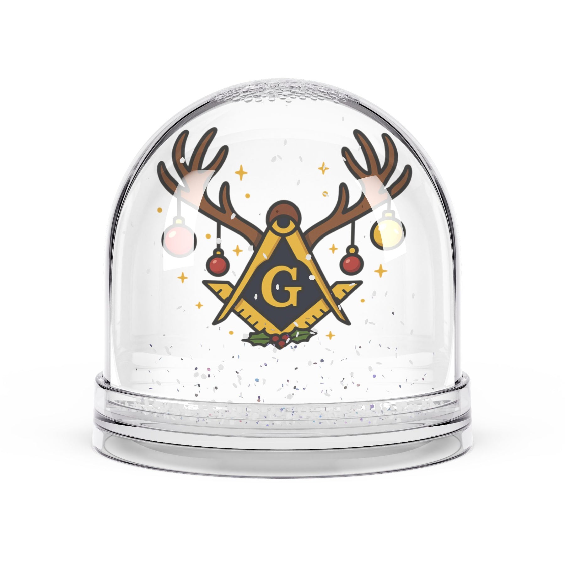 Master Mason Blue Lodge Snow Globe - Square & Compass with G Symbol Holiday Edition - Bricks Masons