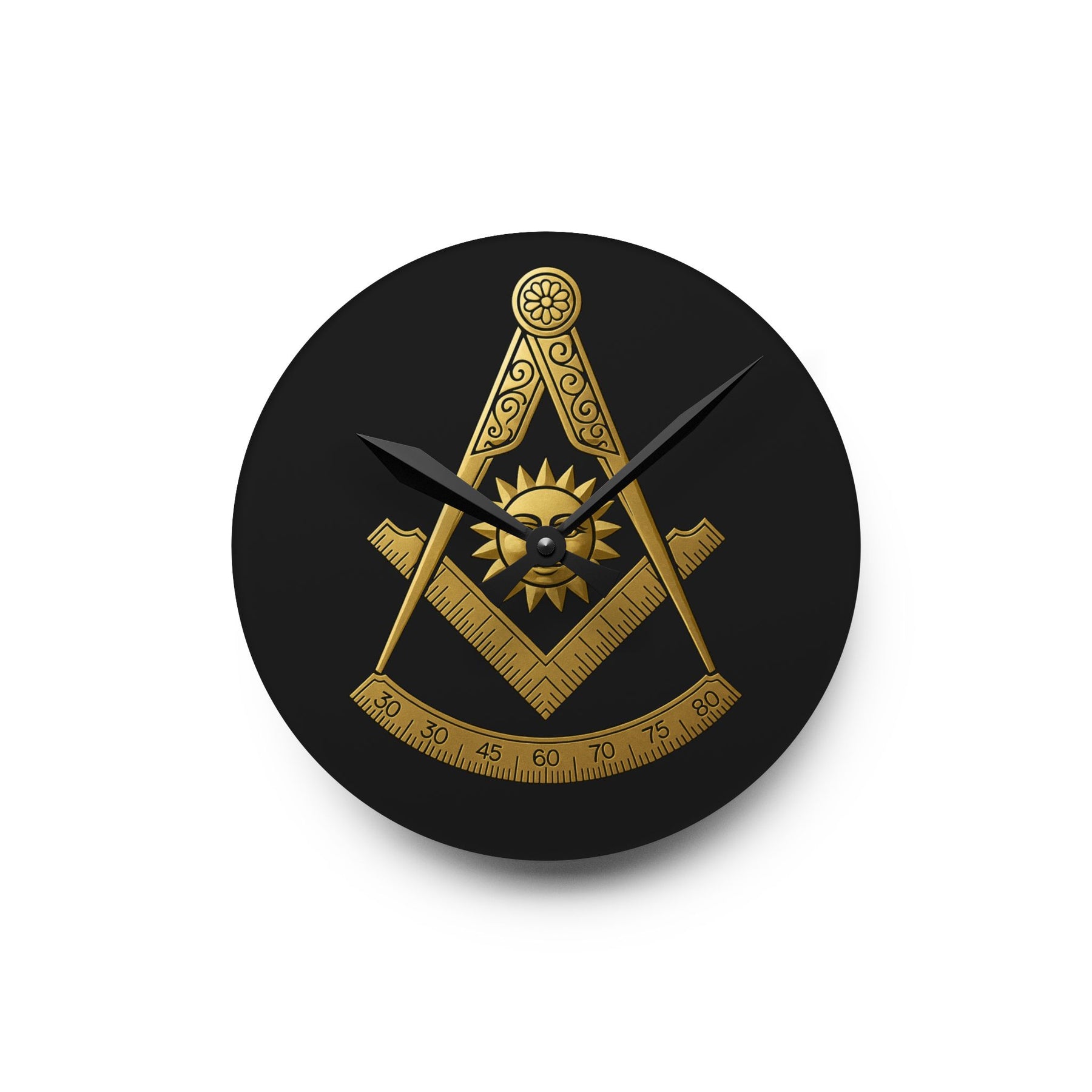 Past Master Blue Lodge Clock - Square Compass Sun & Quadrant Emblem on Clear Acrylic - Bricks Masons