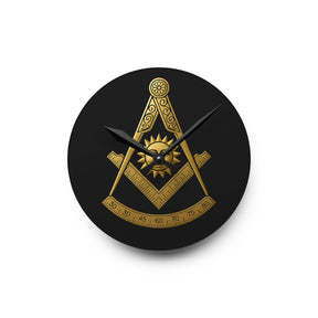 Past Master Blue Lodge Clock - Square Compass Sun & Quadrant Emblem on Clear Acrylic - Bricks Masons