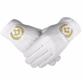 Master Mason Blue Lodge Gloves - White Cotton with Gold Square & Compass