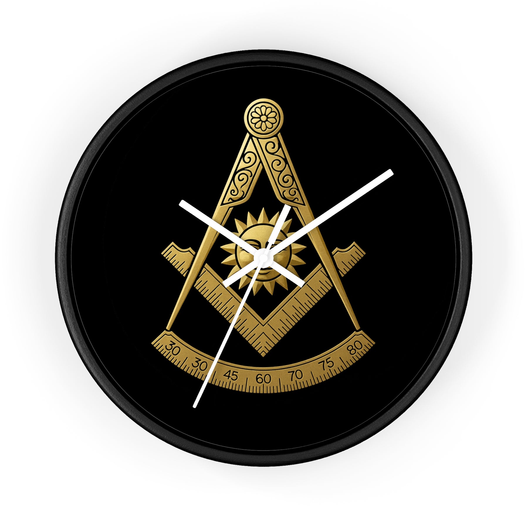 Past Master Blue Lodge Clock - Square Compass Sun & Quadrant Emblem on Wood Frame - Bricks Masons