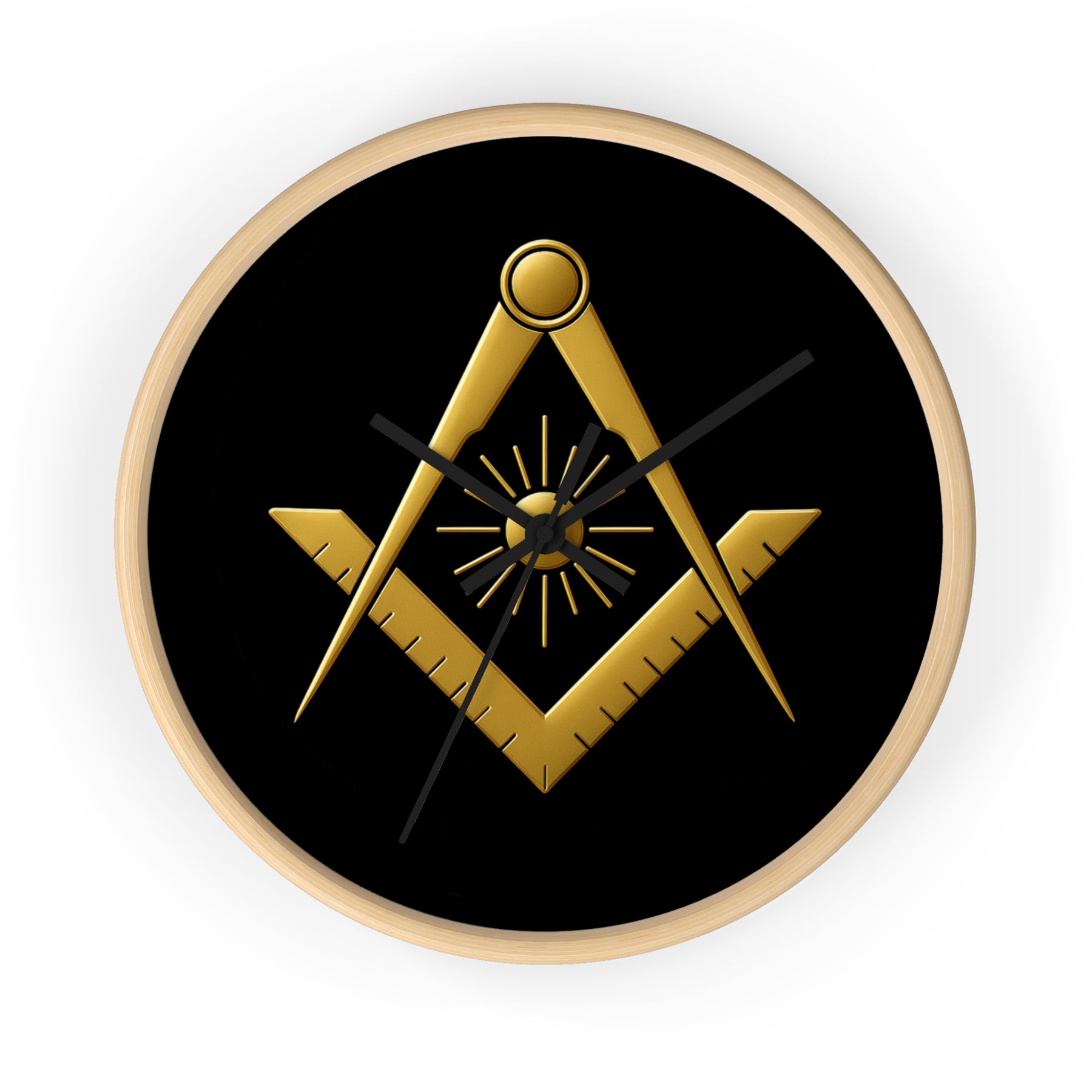 Master Mason Blue Lodge Clock - Golden S&C with Sun in Wooden Frame - Bricks Masons