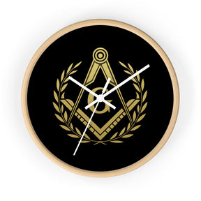 Master Mason Blue Lodge Clock - Wreath with Square & Compass G in Wooden Frame - Bricks Masons