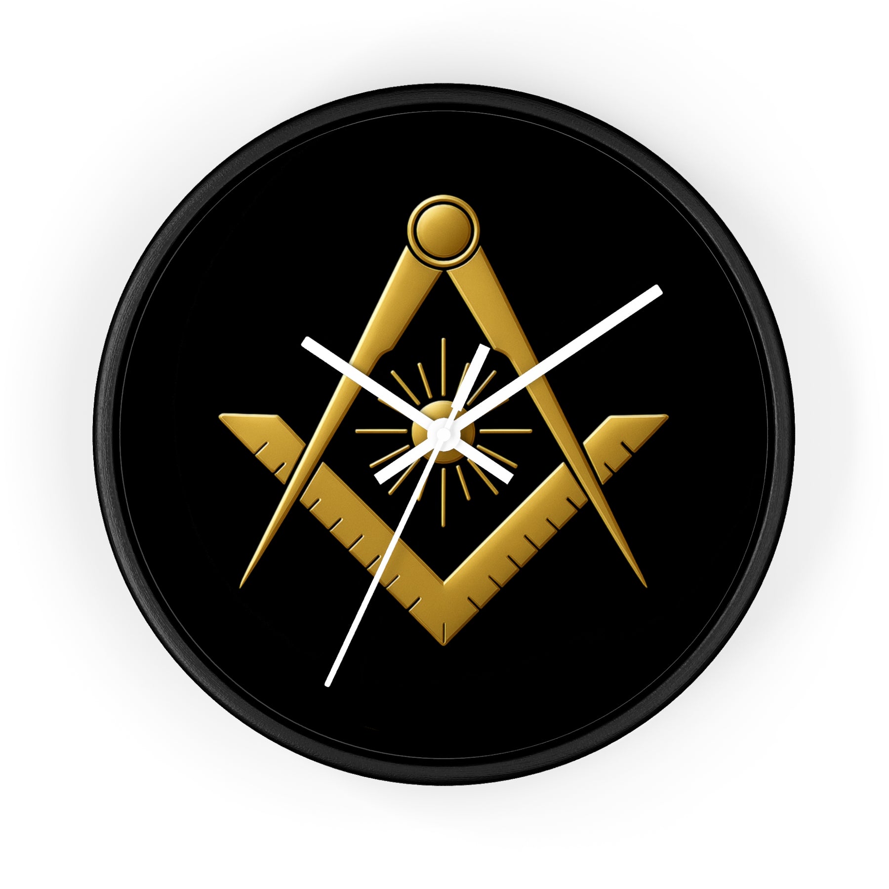 Master Mason Blue Lodge Clock - Golden S&C with Sun in Wooden Frame - Bricks Masons