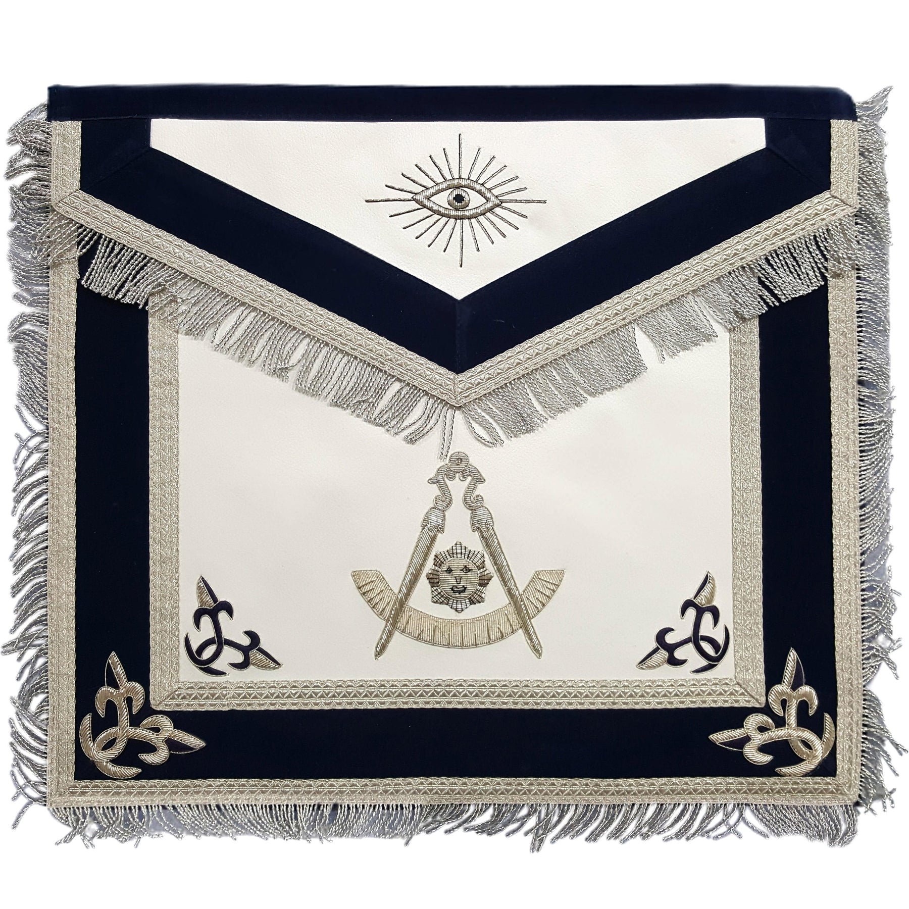 Past Master Blue Lodge Apron - Silver Bullion Hand Embroidery with Fringe