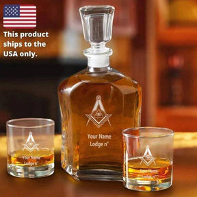 Master Mason Blue Lodge Decanter - 2 Whiskey Tumbler Glasses Set