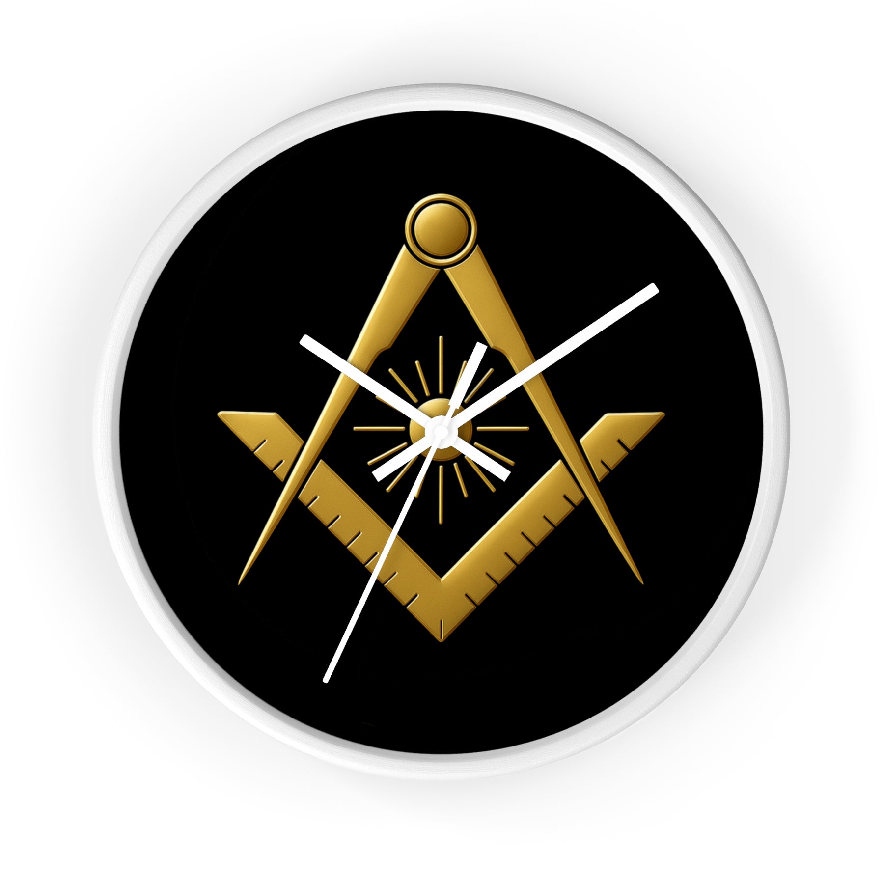 Master Mason Blue Lodge Clock - Golden S&C with Sun in Wooden Frame - Bricks Masons