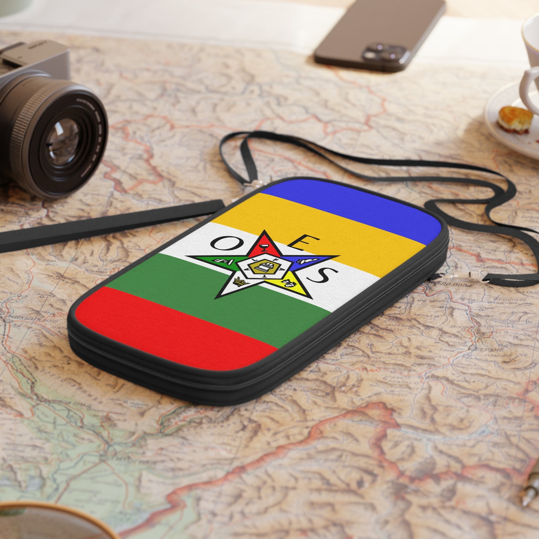 OES Passport Wallet - Colorful Star With Shoulder & Wrist Strap - Bricks Masons