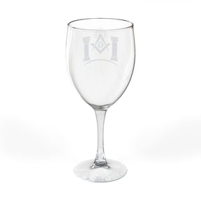 Master Mason Blue Lodge Wine Glass - Square & Compass G with Twin Pillars & Radiant Light