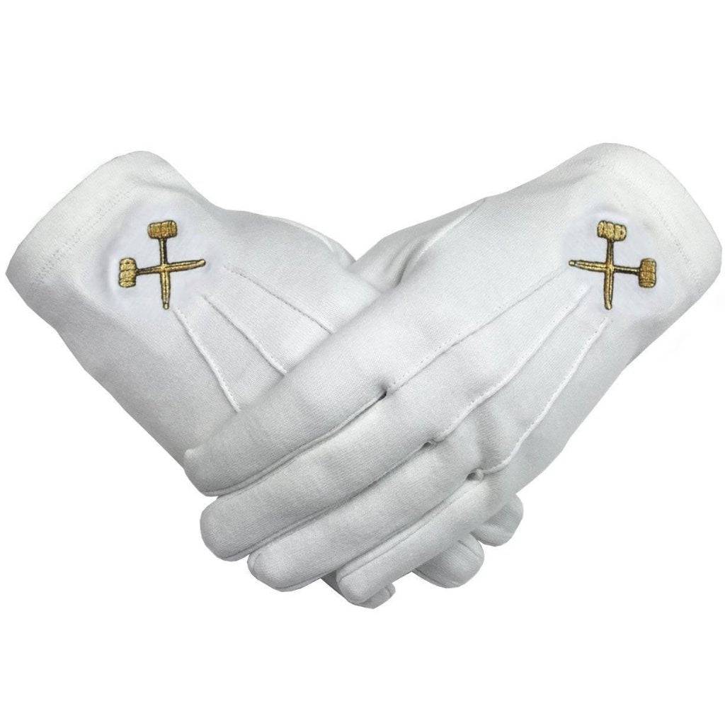 Gloves - White Cotton with Gold Crossed Trowels Machine Embroidery