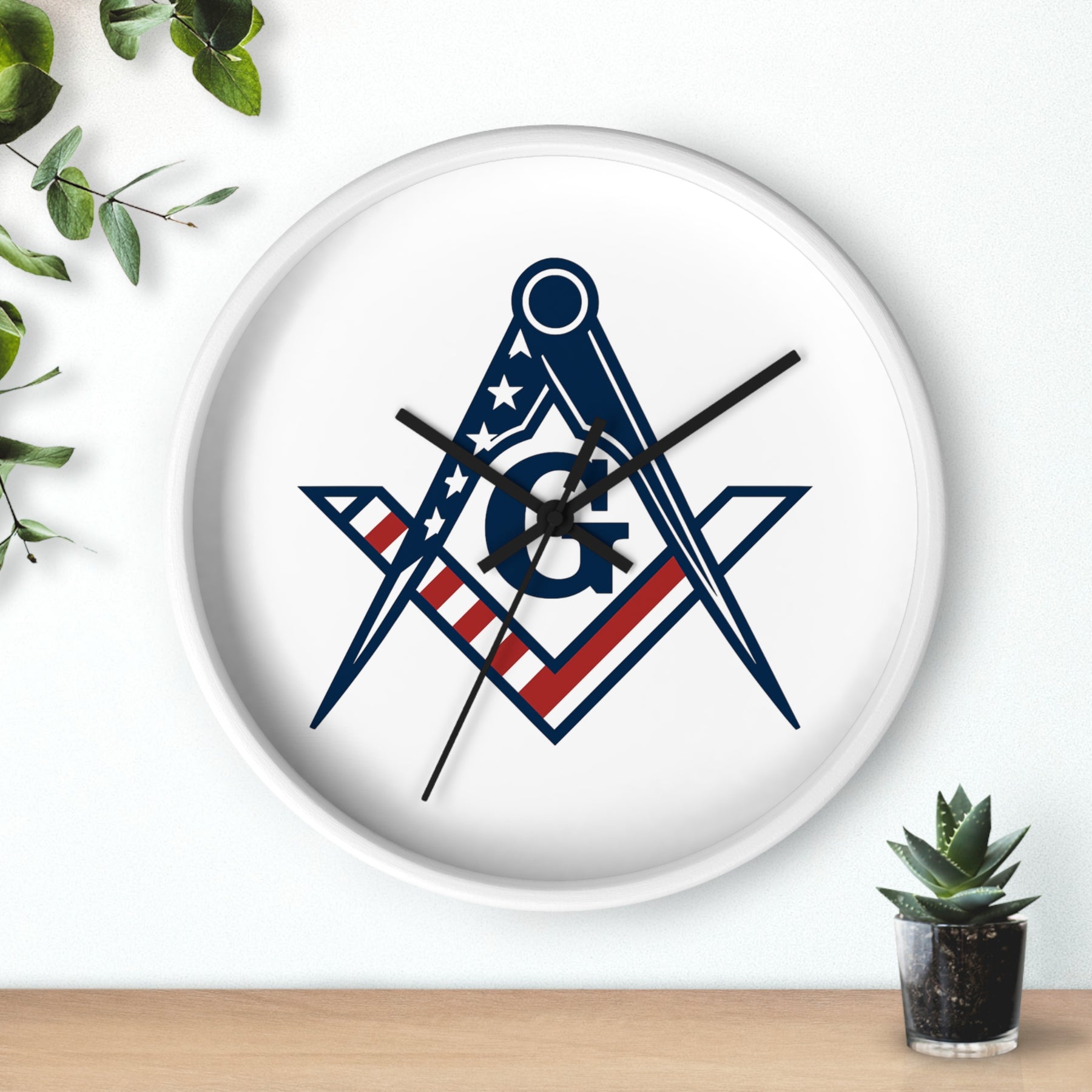 Master Mason Blue Lodge Clock - Square & Compass G with American Flag Design - Bricks Masons