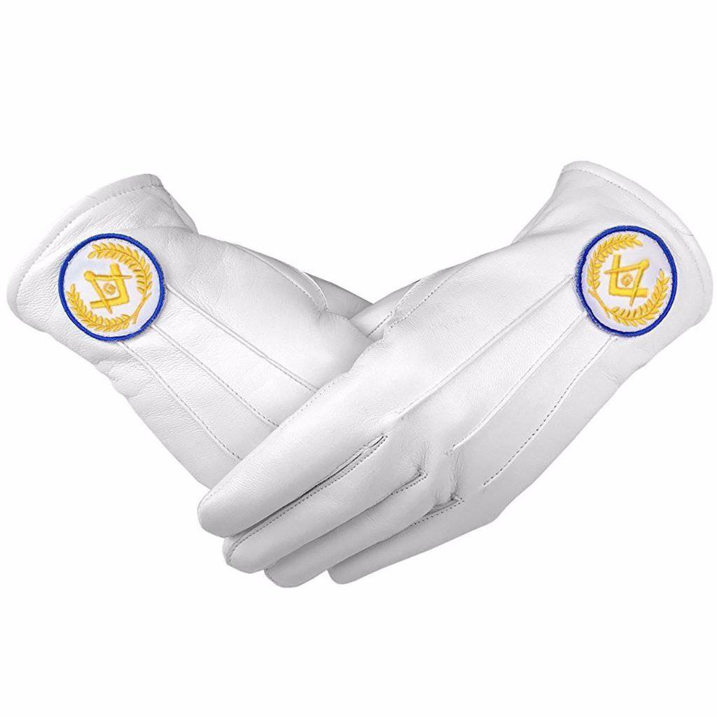 Master Mason Blue Lodge Gloves - White Leather with Yellow and Blue Square & Compass G