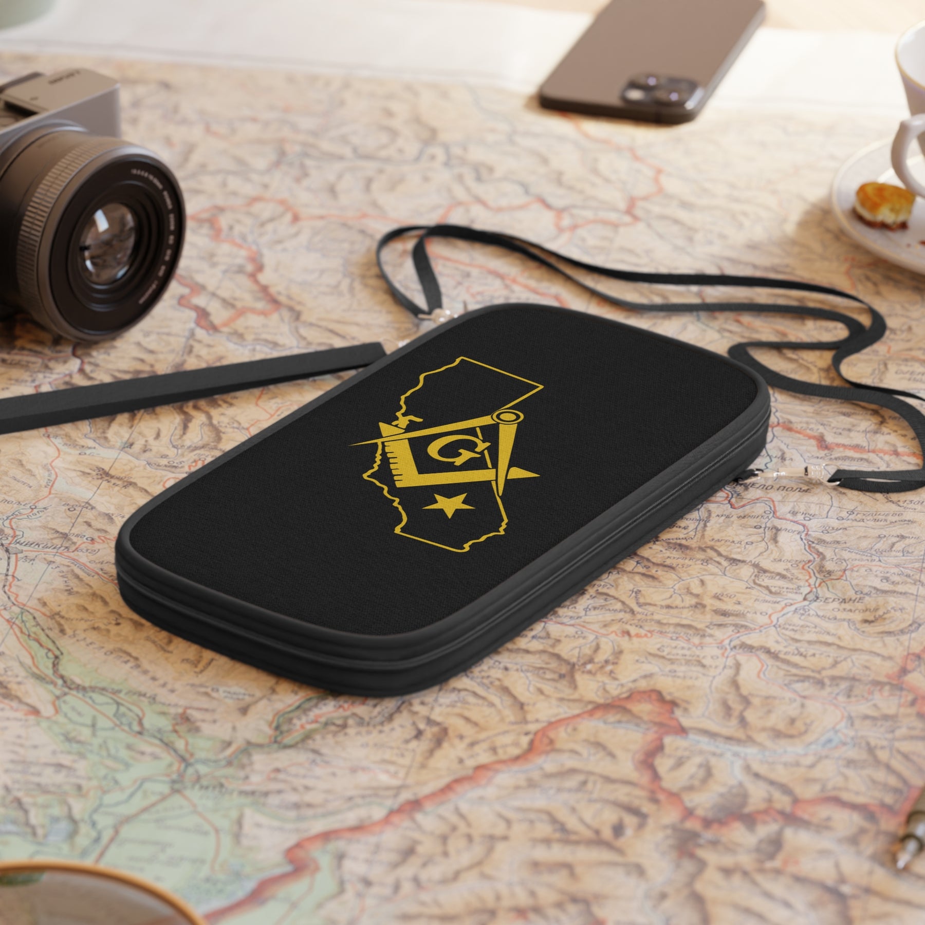 Master Mason Blue Lodge Passport Wallet - California Mason With Shoulder & Wrist Strap - Bricks Masons