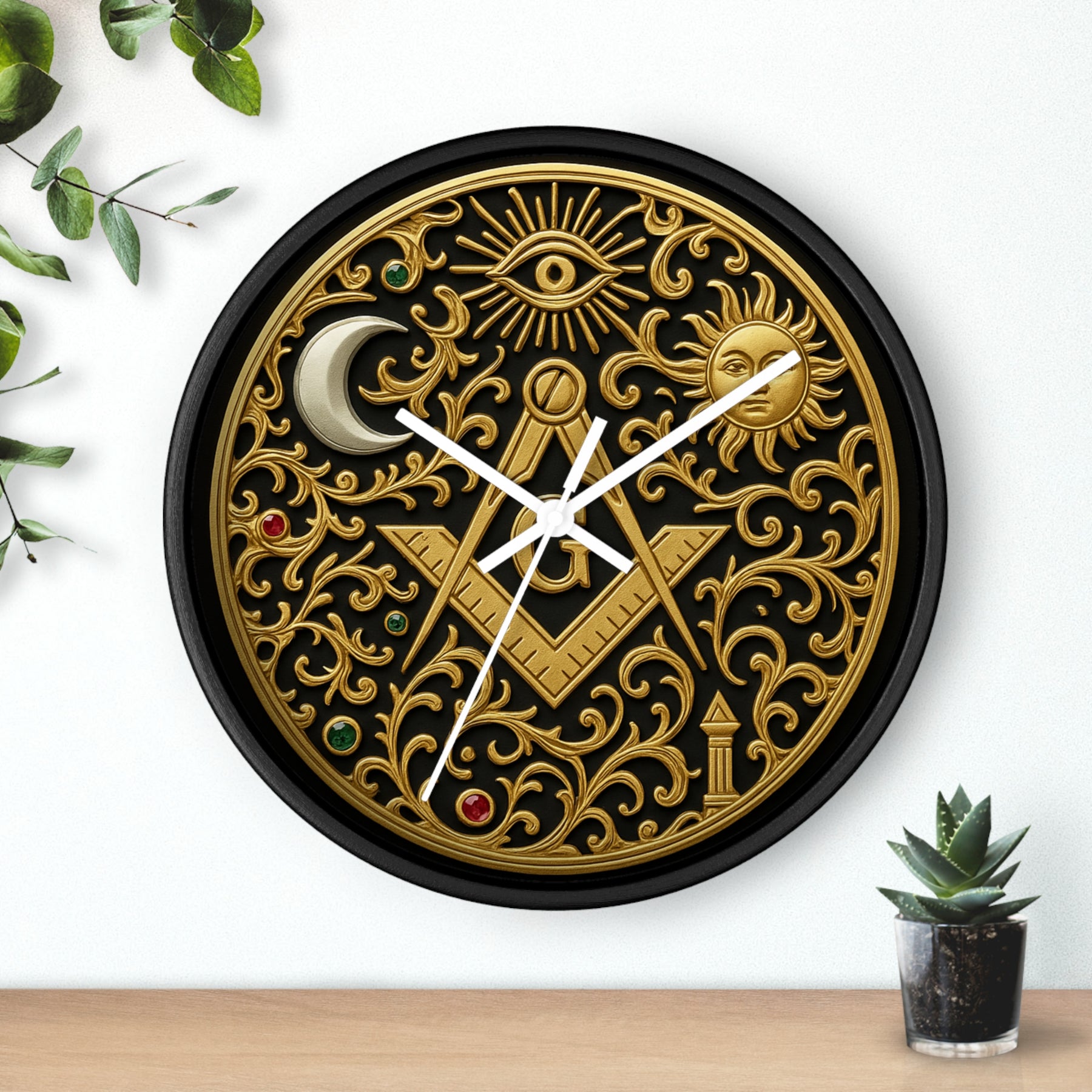 Master Mason Blue Lodge Clock - S&C G with Sun Moon & Eye with Golden Ornates - Bricks Masons
