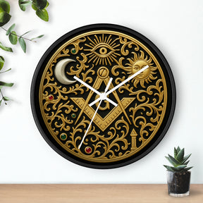 Master Mason Blue Lodge Clock - S&C G with Sun Moon & Eye with Golden Ornates - Bricks Masons