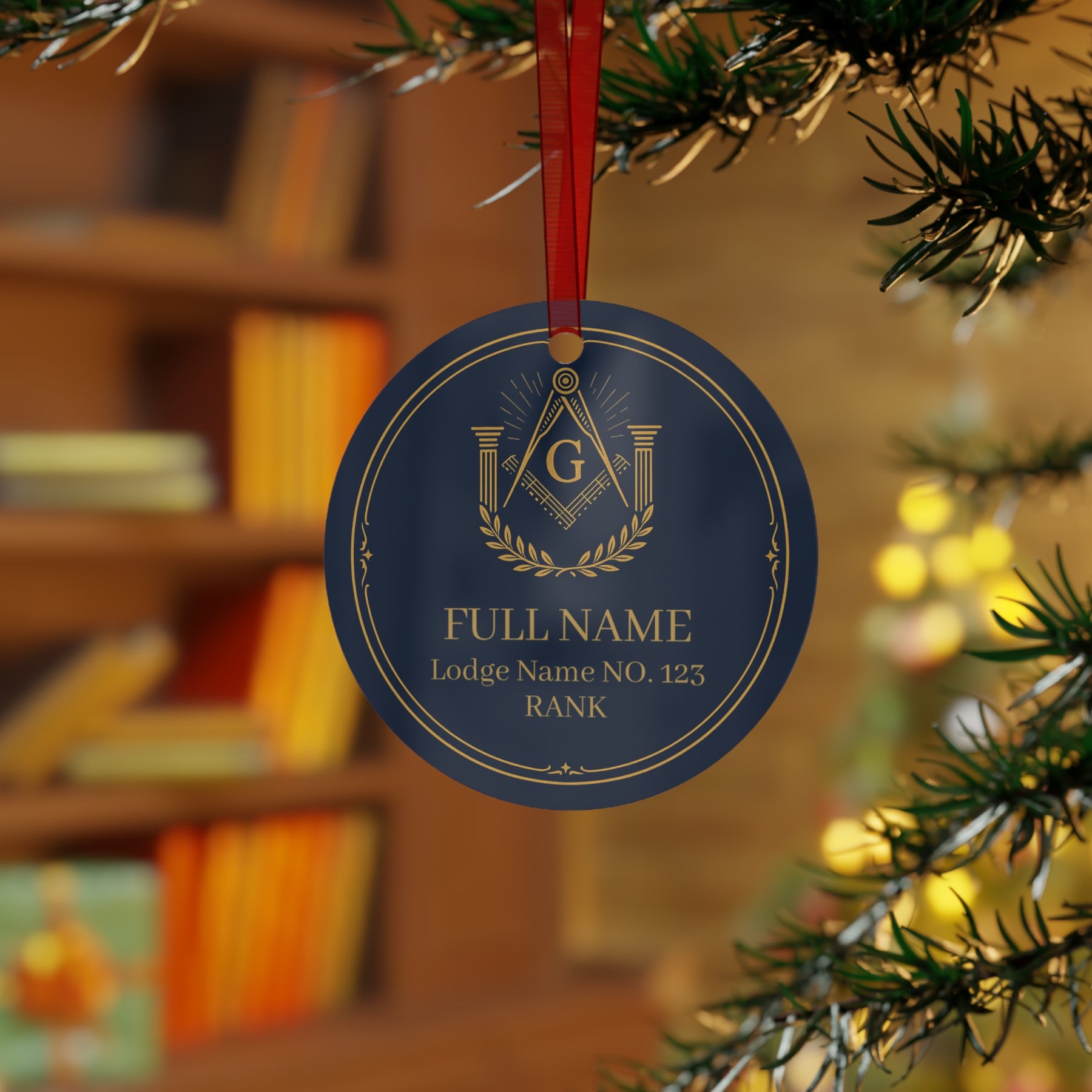 Master Mason Blue Lodge Christmas Ornament - Square & Compass G with Pillars Personalized - Bricks Masons