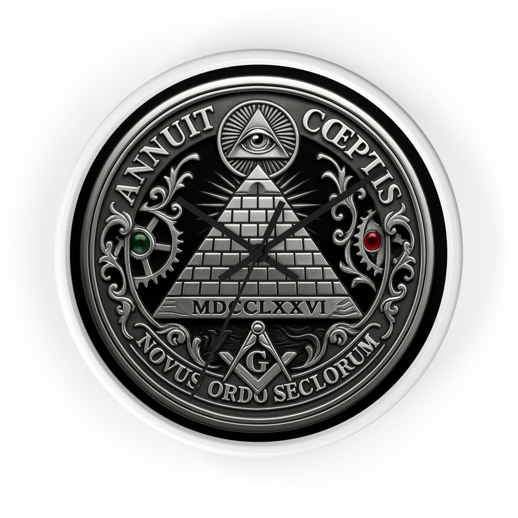 Master Mason Blue Lodge Clock - S&C with Pyramid & All Seeing Eye Latin Motto - Bricks Masons