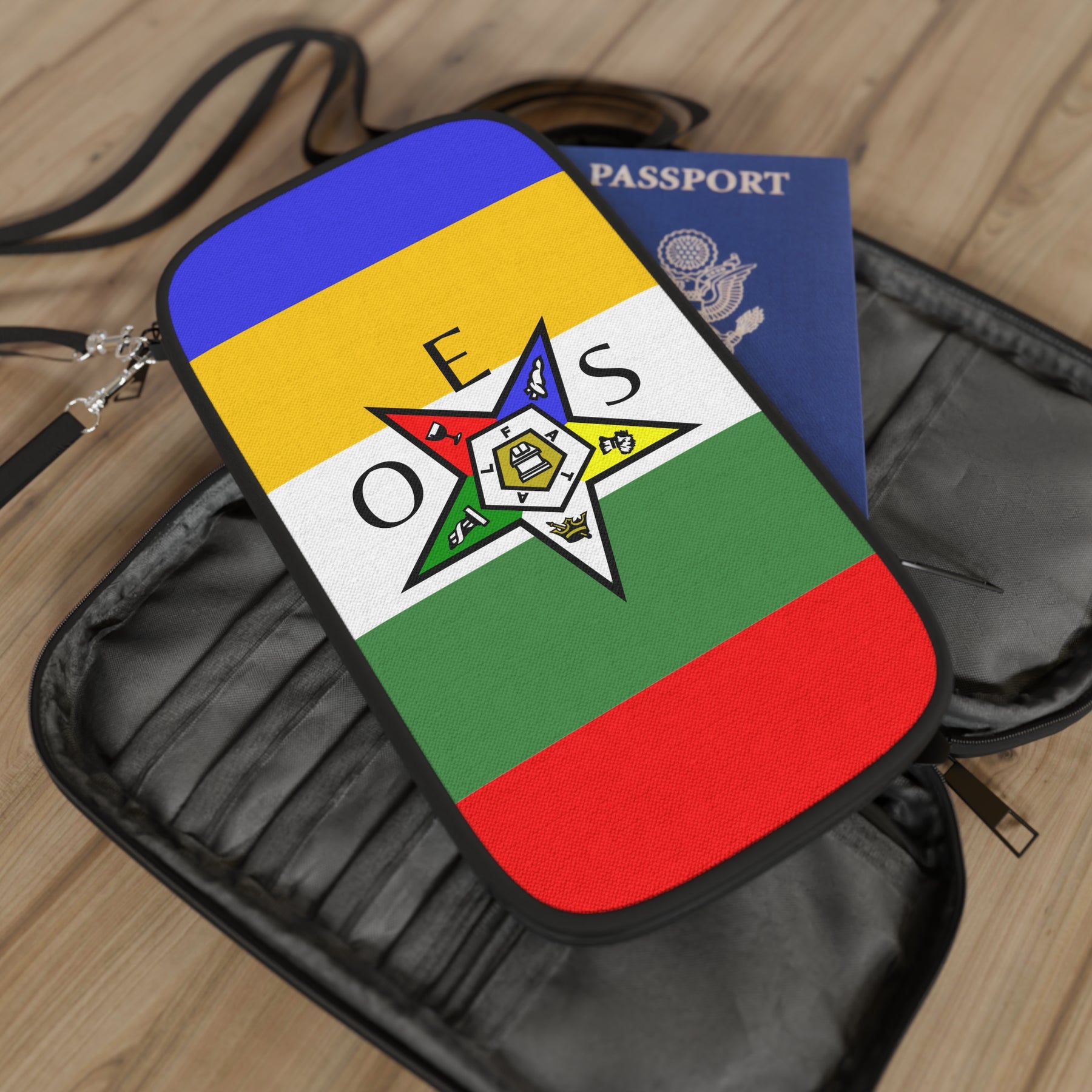 OES Passport Wallet - Colorful Star With Shoulder & Wrist Strap - Bricks Masons