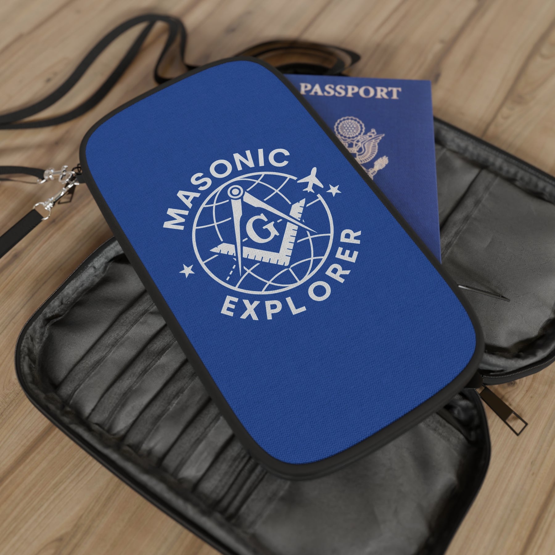Master Mason Blue Lodge Passport Wallet - Blue Masonic Explorer With Shoulder & Wrist Strap - Bricks Masons