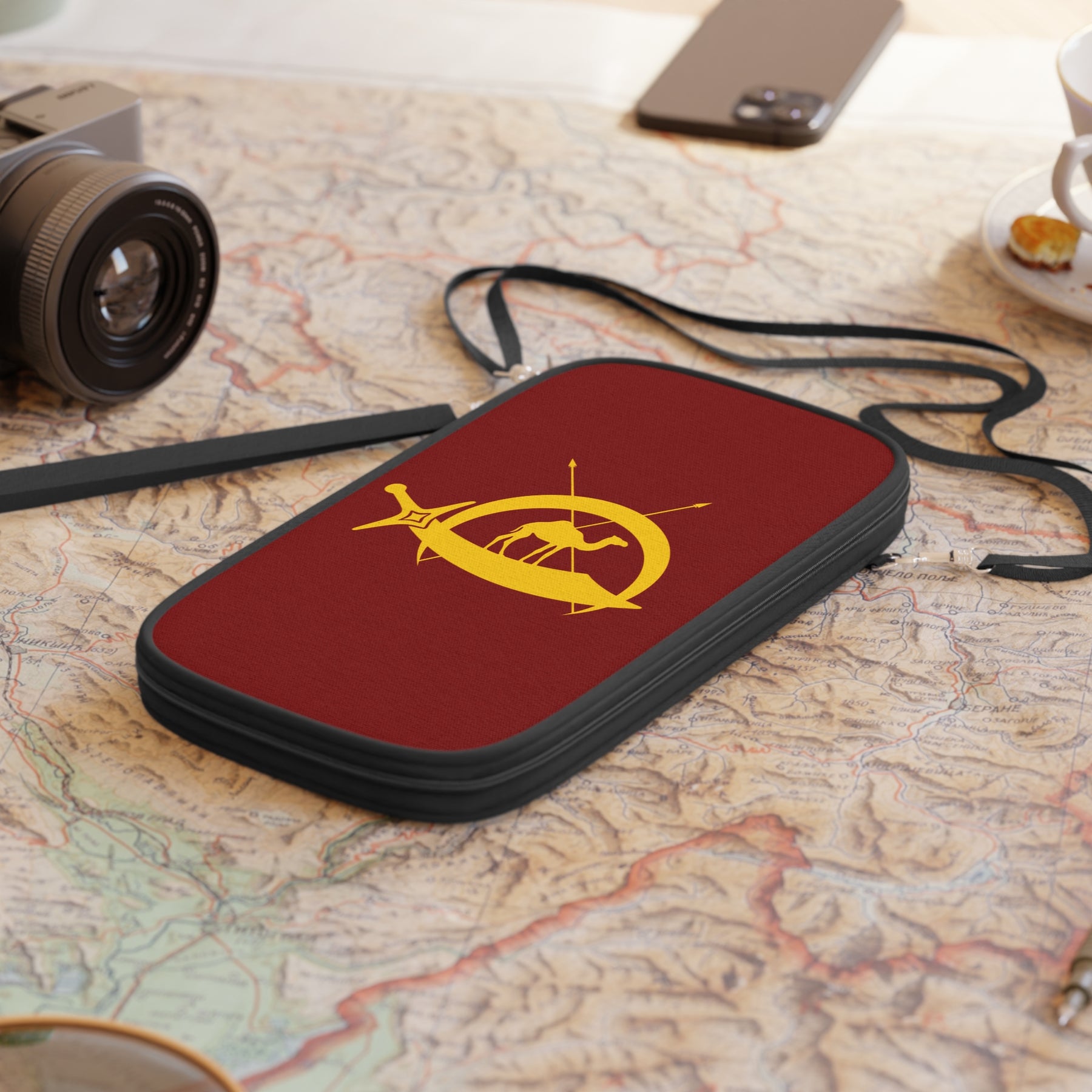 DOKO Passport Wallet - Maroon & Yellow With Shoulder & Wrist Strap - Bricks Masons