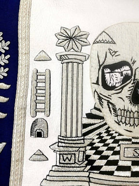 Master Mason Blue Lodge Apron - Skull Pillars Masters Carpet Silver Embroidery