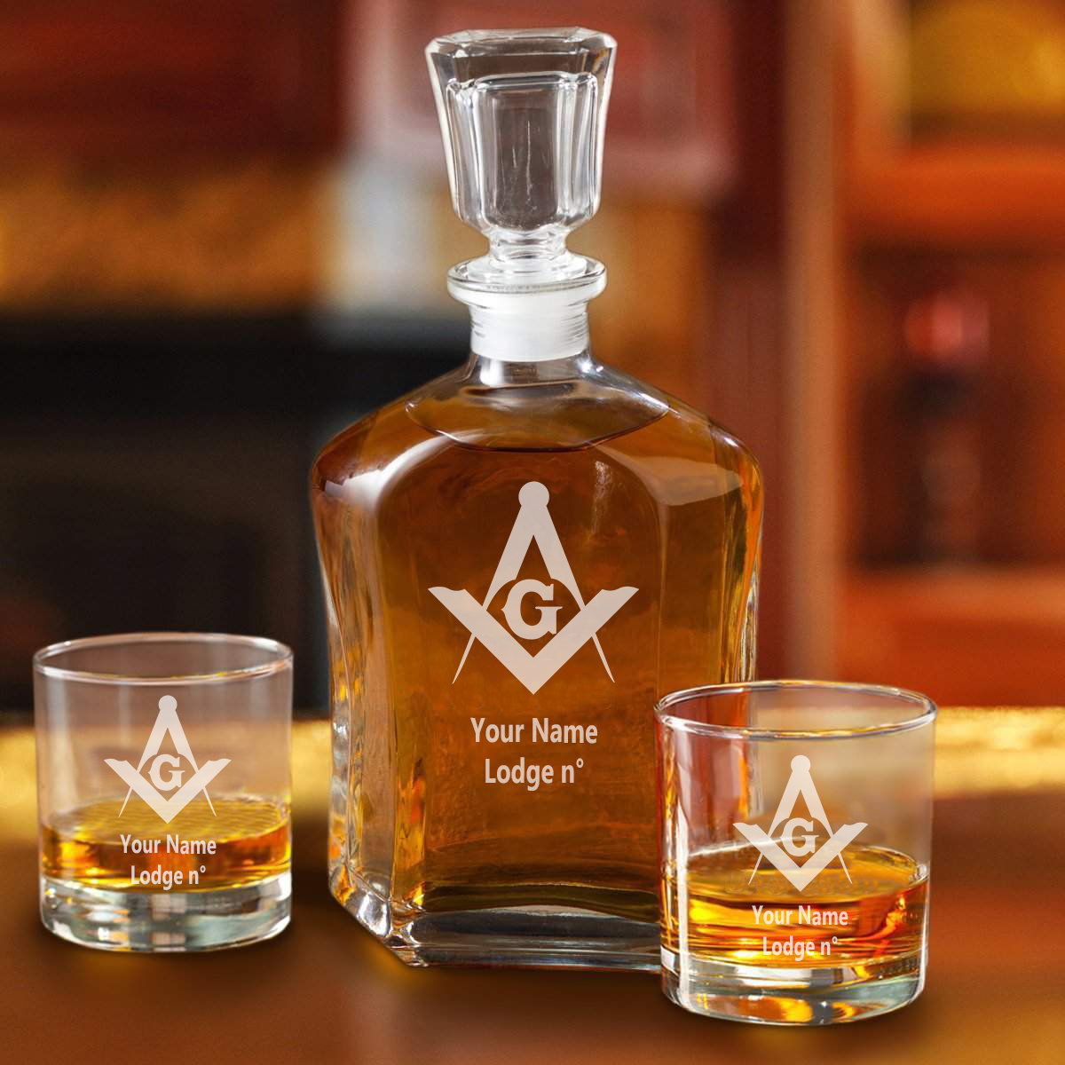 Master Mason Blue Lodge Decanter - 2 Whiskey Tumbler Glasses Set