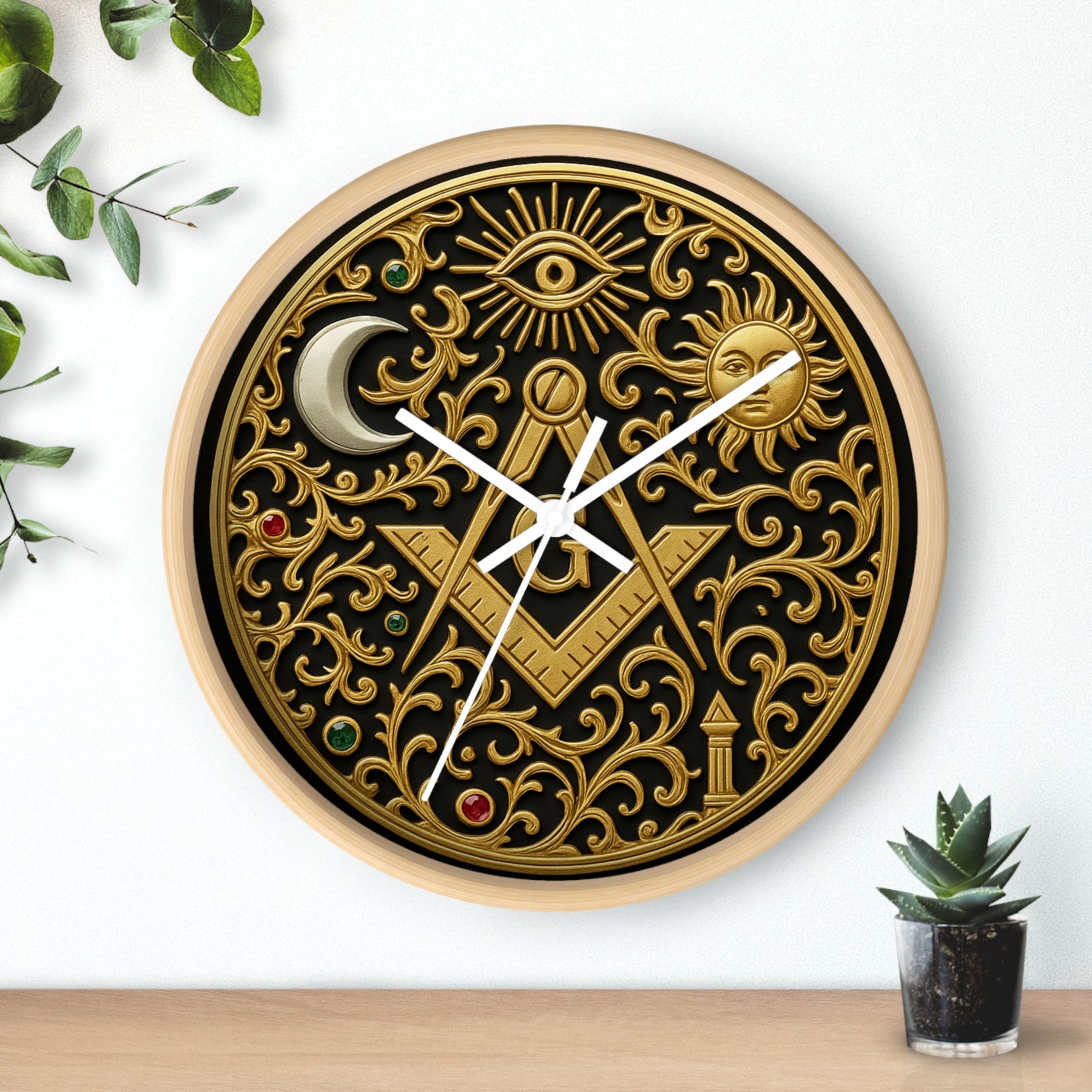 Master Mason Blue Lodge Clock - S&C G with Sun Moon & Eye with Golden Ornates - Bricks Masons