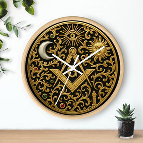 Master Mason Blue Lodge Clock - S&C G with Sun Moon & Eye with Golden Ornates - Bricks Masons