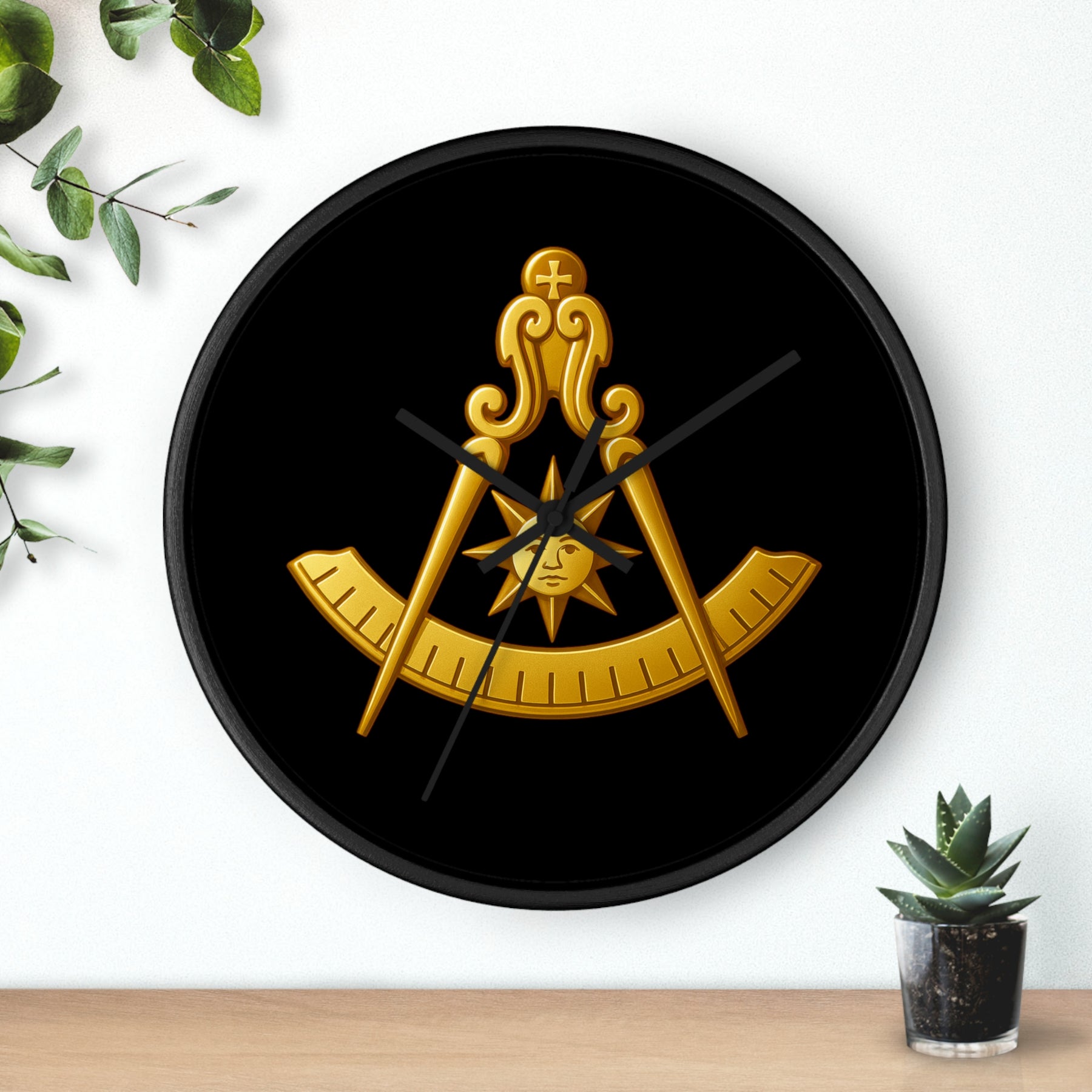 Past Master Blue Lodge Clock - Compass Sun & Quadrant Symbol with Wooden Frame - Bricks Masons