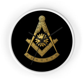 Past Master Blue Lodge Clock - Square Compass Sun & Quadrant Emblem on Wood Frame - Bricks Masons
