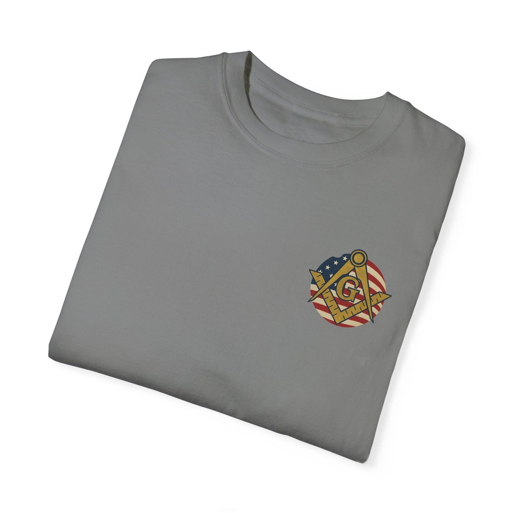 Master Mason Blue Lodge T-Shirt - Garment-Dyed US Flag Square & Compass G - Bricks Masons