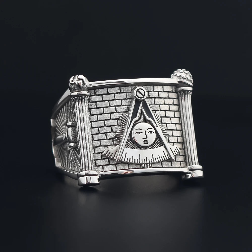 Past Master Blue Lodge Ring - Quadrant & Compass Sun with Twin Pillars Sterling Silver