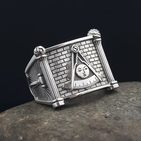 Past Master Blue Lodge Ring - Quadrant & Compass Sun with Twin Pillars Sterling Silver