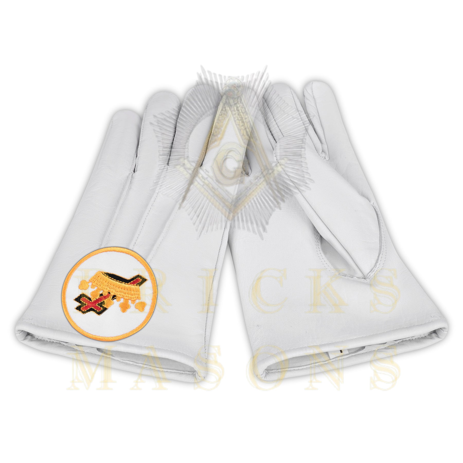 Lady Knights HoTC Gloves - White Leather Cross & Crown Emblem - Bricks Masons