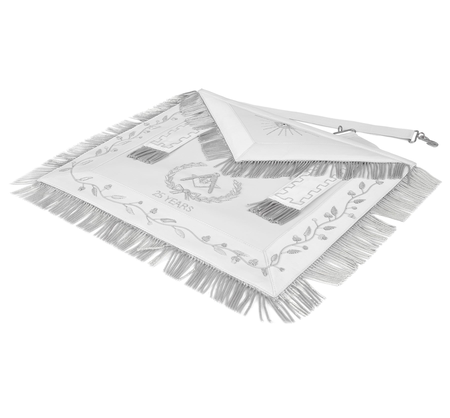 Master Mason Blue Lodge Apron - All White Bullion With Wreath Customizable Anniversary Year - Bricks Masons