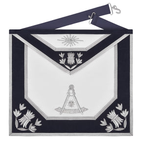 Past Master Blue Lodge Apron - Navy Velvet Borders & Silver Bullion Hand Embroidery - Bricks Masons