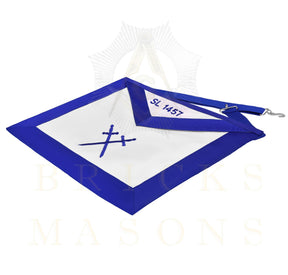 Sentinel Blue Lodge Officer Apron - Blue Ribbon With Machine Embroidery Customizable Flap - Bricks Masons