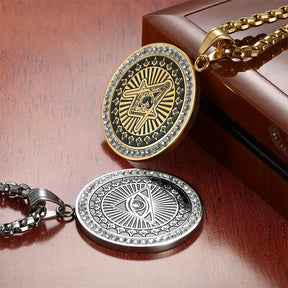 Master Mason Blue Lodge Pendant - Square and Compass Round Gold zircon - Bricks Masons