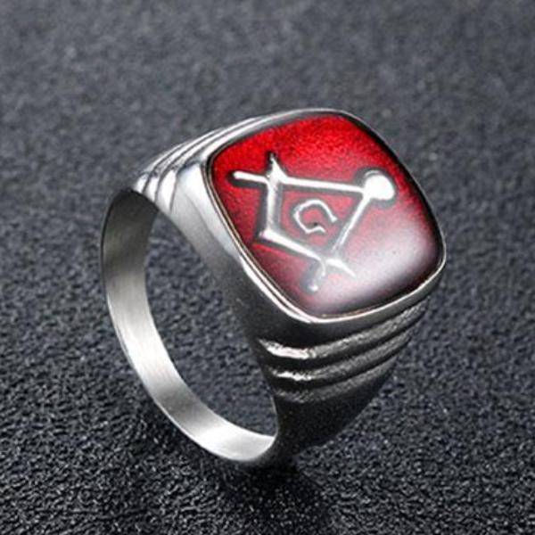 Master Mason Blue Lodge Ring - Casted Square & Compass G Red Stainless Steel