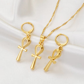 Ancient Egypt Jewelry Set - Gold Ankh Cross Pendant - Bricks Masons