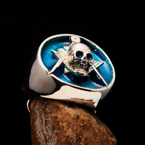 Master Mason Blue Lodge Ring - Blue Sterling Silver With Skull Square and Compass