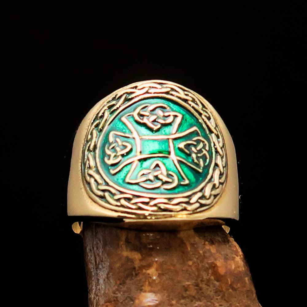 Knights Templar Commandery Ring - Brass Green Celtic Cross